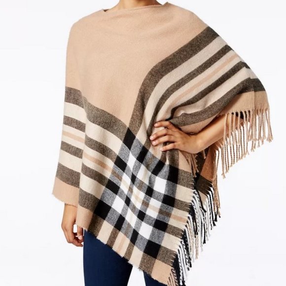 Charter Club Sweaters - NWT Charter Club Heather Carmel and Black Brushed Plaid Poncho